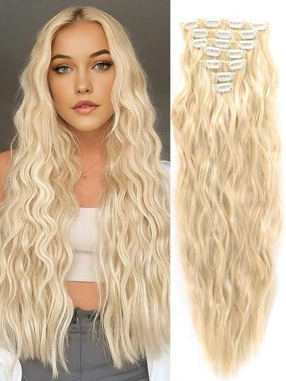 18-30 Inch Long Wavy Clip-In Hair Extensions, 7pcs/Set, Thickened Hair Pieces, Invisible Clip Design, Soft Synthetic Fiber, Black, For Women