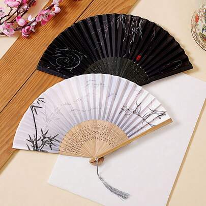 1pc Elegant Ink Bamboo Folding Fan | The Essence Accessory For New Chinese Style Outfits, Suitable For Hanfu/Cheongsam