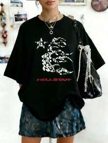 Plus Size Hellstars  Flame Head Star Y2K Graphic T-Shirt,220g 100% Cotton,Round Neck Short Sleeve,Black Streetwear Essential For Summer Going Out,Unisex Style - 黑色 - 查看 1