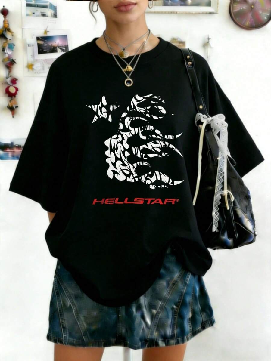 Plus Size Hellstars  Flame Head Star Y2K Graphic T-Shirt,220g 100% Cotton,Round Neck Short Sleeve,Black Streetwear Essential For Summer Going Out,Unisex Style - 黑色 - 查看 1