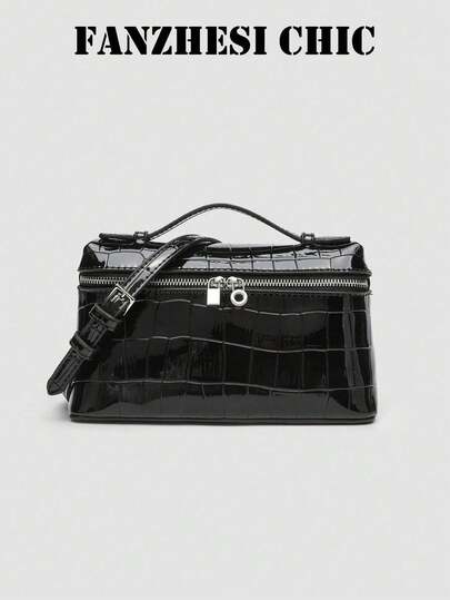 新款时尚百搭女士午餐盒包，PU皮革材质，迷你时尚女包。新款手提盒包，斜挎小包，纯黑色，石纹黑色，亮面盒形女包。肩带采用精细缝线。顶部单提手方便调节长肩带，适合单肩、斜挎或手提。适合女孩参加聚会、旅行、通勤和日常使用。