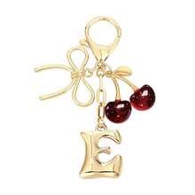 Bow & Cherry Decor Bubble Letter Keychain - Gold Letter Charm Bag Accessory, Cute Handbag Decoration - Red - View 6