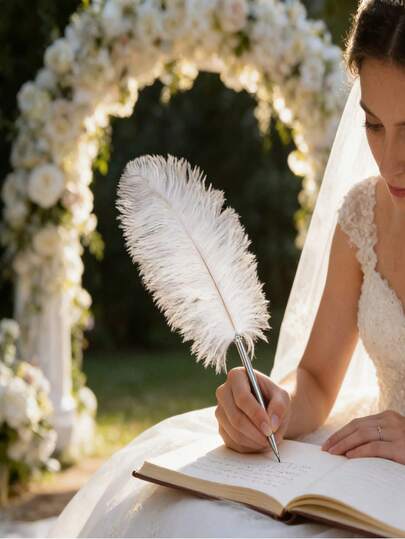 2pcs/Set Wedding Feather Signature Pen A Stylish Retro Creative Pen, A Luxurious Decorative Pen, Suitable For Wedding Sign-In, Business Office, Calligraphy Practice Journals, Desktop Displays, Photography Props, And Personalized Birthday And Holiday Gifts