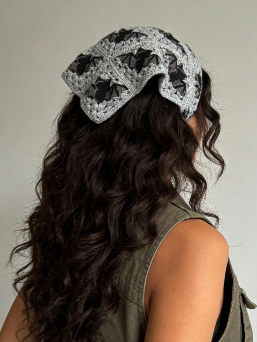 1pc Fashionable Sweet Bat Knitted Triangular Scarf Headband, Women Hair Accessories - Grey - View 1