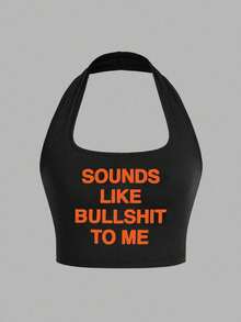 Sounds Like To Me Letter Graphic Halter Backless Sexy Tank Top, Suitable For Spring/Summer Daily Wear Casual Black - Black - View 2