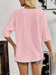 Women's Casual V-Neck Lace Trim Blouse - Polyester Woven Solid Color Adult Shirt With Lace Trim, Regular Fit, Spring/Summer Collection Pink - Pink - View 2