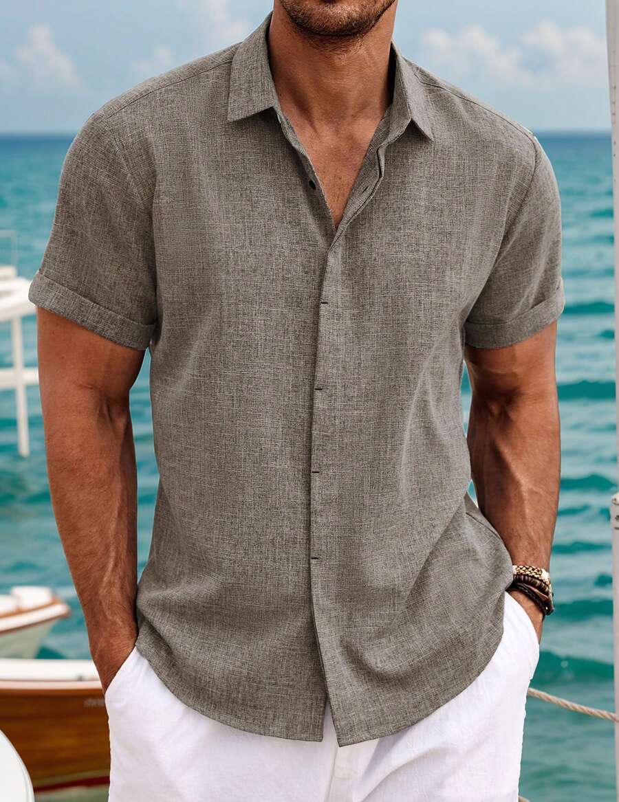 Mens Short Sleeve Linen Shirts Button Down Casual Summer Beach Tops For Daily Commute - Brun - Visa 1