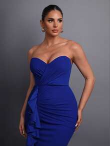 Women's Strapless Ruffle Trim Evening Dress, Elegant High-End Formal Gown With Layered Fabric Details, Suitable For Formal Dinners, Fashion Photography, Luxury Galas, Romantic Nights, Stylish Gatherings Spring Wedding Party - Royal Blue - View 8