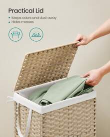 SONGMICS Handwoven Laundry Hamper, Dirty Clothes Basket, 23.8 Gal (90L) Synthetic Rattan Clothes Laundry Basket With Lid And Handles, Foldable, Removable Liner Bag, 18.1"L X 13"W X 23.6"H, Gray, Khaki - 沙灘色 - 查看 4