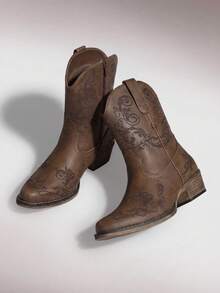 Women's Western Ankle Boots - Cowboy Cowgirl Style, Low Chunky Heel, Square Toe, Fall Short Booties Shoes - 摩卡棕 - 查看 2