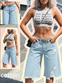 Women's Distressed Asymmetrical Hem Denim Capri Pants - Light Wash - View 1