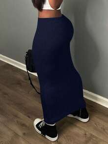 EARO 女士纯色性感修身半身裙，美式时尚休闲日常穿搭，高腰弹力A字修身显瘦半身裙，春季款 - 藏藍 - 查看 5