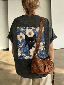 夏季新款休闲花卉黑猫印花圆领扎染短袖T恤，时尚百搭女式上衣 - 黑色 - 查看 6
