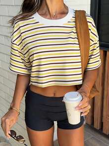 Camiseta de cuello redondo corta de mujer con rayas de colores, de tela de punto con elasticidad media, longitud regular, casual, ropa deportiva de mujer, primavera/verano blanca - Amarillo - Ver 2