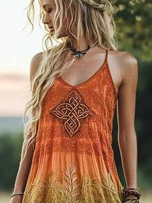 Women's Bohemian Plus Size V-Neck Sleeveless Long Dress With Ombre Tiers And Intricate Embroidery, Vintage Boho Casual Flared Maxi Dress - 彩色 - 查看 5