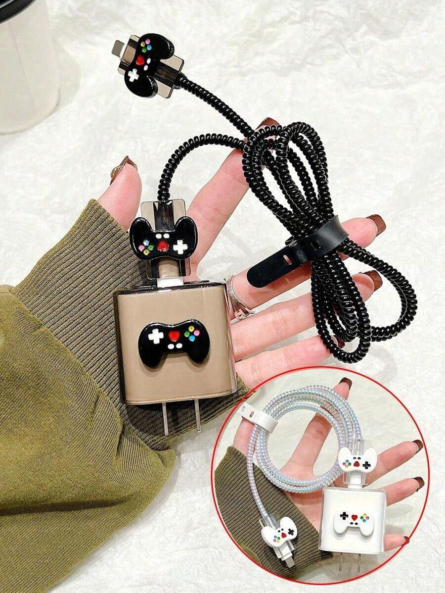 5pcs/Set Black/White Game Console Accessories: Data Cable Protector, Charger Head Cover, 1.5m Winding Organizer, Cable Tie, Anti-Break Data Cable. Compatible With 20W/18W Apple Fast Charger, 1.5M Cable Compatible With IPhone 14/15, Charger Protector - Black Game Console - 5-piece Set - View 1