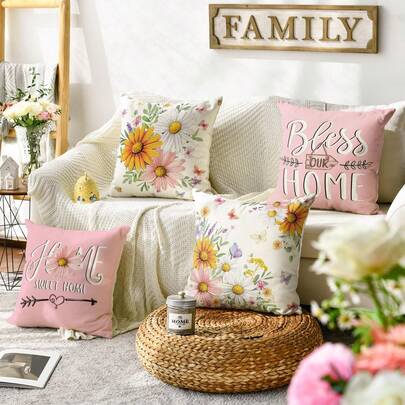 4 Stück Frühlings-Gänseblümchen Kissenbezug, Wünschen Sie unserem gemütlichen Zuhause, Schmetterling rosa Sommer Kissenbezug, Sofa Dekoration, einseitig ohne Kisseneinsatz