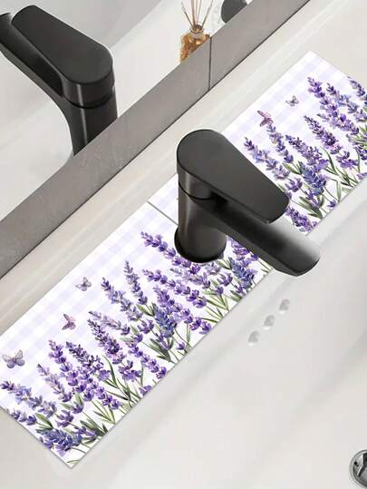 1pc 10*38cm, 14*54cm Lavender Pattern Faucet Mat, Made Of Polyester Fiber, Waterproof And Anti-Slip, Suitable For Kitchen And Bathroom Sink, Faucet Pad, Absorbent Mat, Also Applicable To Bathroom And Kitchen Countertop