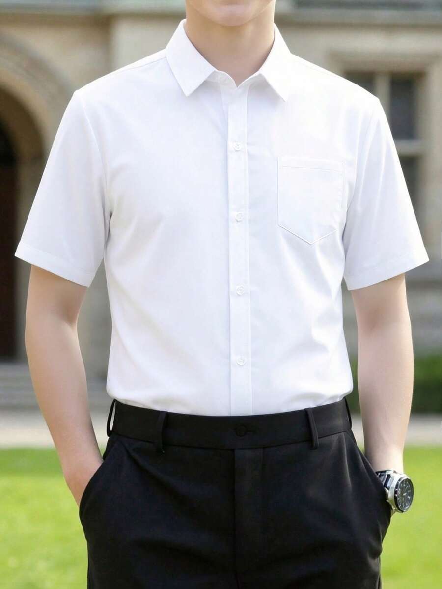 经典学院风白色短袖正装青少年衬衫，休闲派对装 - 白色 - 查看 1