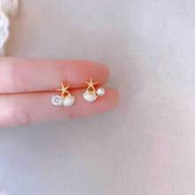 2件套设计师百搭海星贝壳梦幻粉色耳钉优雅海洋创意珍珠镶嵌耳环 - 米色 - 查看 2