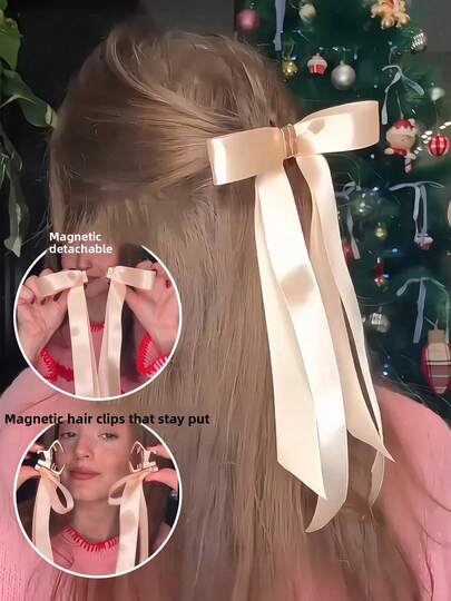 1 Pc New Magnetic Bow Hair Clip Detachable Ballet Style Ribbon Hairpin Sweet Back Of Head Hair Accessory Claw Clip Bow Elegant Casual Iron Alloy Hair Claw Clip Spring Summer Autumn Winter