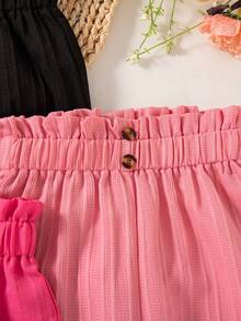 3pcs Girls Casual Solid Color Faux Button Elastic Waist Regular Fit Pants, Spring & Autumn - Hot Pink - View 5