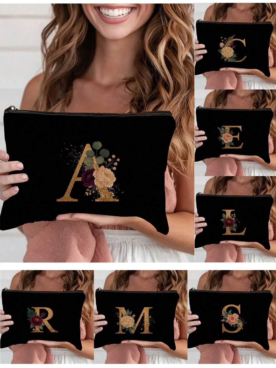 1pc A-Z Letter & Floral Print Cosmetic Bag, Modern Style Polyester Lightweight Travel Organizer - Multicolor - View 1