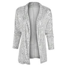 Women's Sequin Long Sleeve Temperament Mid-Length Polo Collar Solid Color Coat - 銀色 - 查看 8
