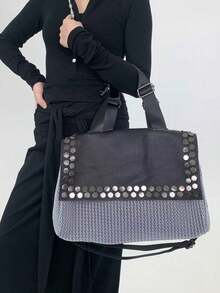 女士时尚Y2K网眼单肩包，大容量拼接铆钉复古斜挎包，多口袋都市街头风手提包，适合日常使用，是送礼佳品。新款女士手提包，女士礼物。 - 銀色 - 查看 4