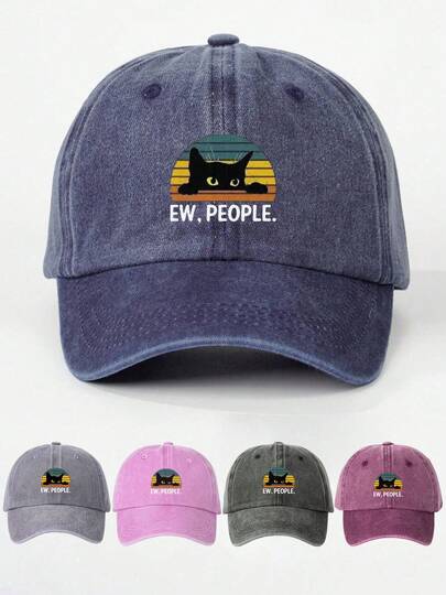 1顶男女通用猫咪“Ew, People”字母印花水洗棒球帽，复古可调节，适合户外旅行、海滩，男女皆宜，可作礼物。