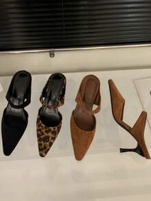优雅麂皮尖头细高跟穆勒拖鞋，时尚通勤舒适女式高跟鞋 - 棕色 - 查看 7