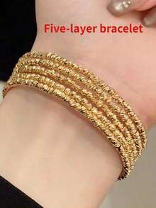 1pc Crushed Silver Handmade Beaded Three-Layer Five-Layer Open 24K Gold Plated Bracelet Metallic Light Luxury Personalized Multi-Layer Bracelet Elegant Versatile Hand Jewelry For Women - Multicolor - View 3