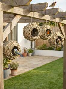 PETSIN 1pc Hanging Hummingbird Nest House, Handwoven Bird House, Outdoor Spherical Bird Shelter, Suitable For Garden, Patio, Lawn - Brown - View 2