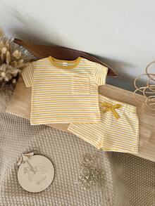 2pcs/Set Newborn Baby Boys/Girls Striped Short Sleeve Top And Shorts Set, Summer - Yellow - View 5