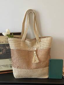 新款纯色编织耐用轻便便携经典休闲时尚多功能舒适大容量手提包，适合购物、旅行、度假及各种场合。 - 彩色 - 查看 8