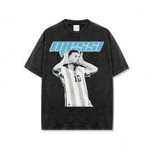 Messis Black T-Shirt Vintage Retro Football Player Graphic Tee - Black - View 1