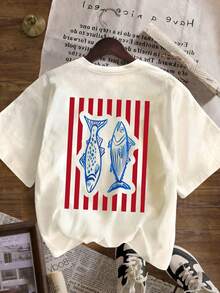 条纹鱼印花圆领短袖T恤。新款女士简约可爱图案休闲度假风宽松百搭圆领短袖T恤，时尚日常穿着，适合情人节、返校季、教师节等节日。字母印花短袖T恤，柔软宽松舒适，高端街头度假风宽松休闲百搭短袖上衣，夏季必备。 - 杏色 - 查看 9