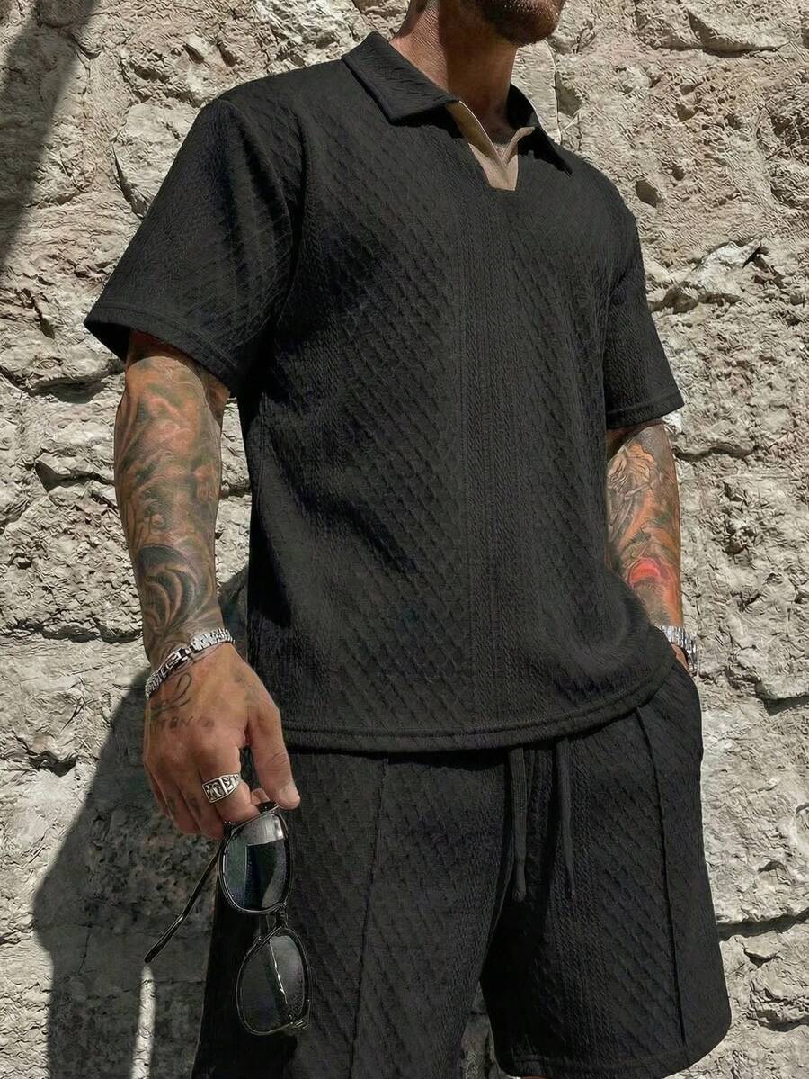 Men's Cool Daily Commute Home Casual Polyester Fabric Solid Color Versatile Sports Breathable Diamond Pattern Set - Black - View 1