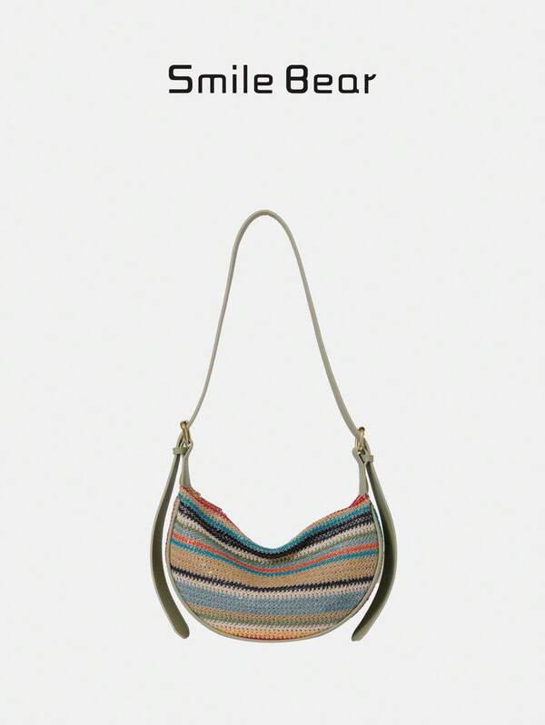 2026 New Bohemian Striped Straw Bag, Women's Casual Crescent Shoulder Bag, Lightweight Woven Saddle Bag For Travel