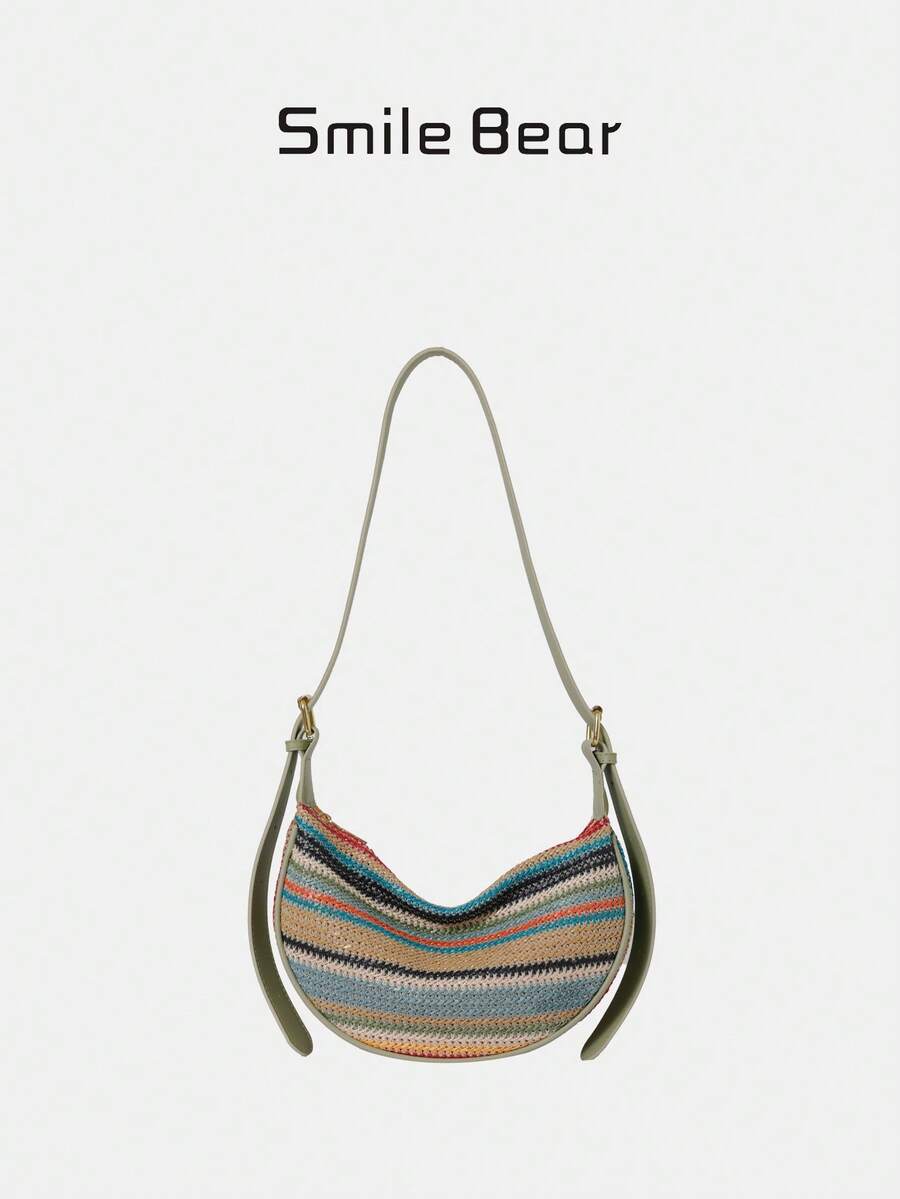 2026 New Bohemian Striped Straw Bag, Women's Casual Crescent Shoulder Bag, Lightweight Woven Saddle Bag For Travel