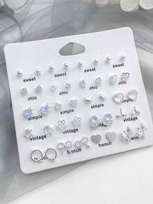 40pcs Zinc Alloy Small Cute Exquisite Stud Earrings Zinc Alloy Butterfly Crown Stud Earring Set Women's Daily Versatile - Blue - View 2