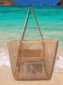 5pcs Set: Mesh Tote Bag + Strap Clips, Cosmetic Bag, Casual Tote, Foldable Ladies' Picnic Shoulder Bag, Waterproof, Foldable, Essential Bag, Multifunctional Strap Shopping Bag, Mesh Hollow Bag, Mesh Bag, Bathroom Storage Bag, Multifunctional Toiletry Bag, Bathroom Bag And Shoulder Strap Bag, Lightweight, Large Capacity Portable Mesh Beach Bag, Suitable For Family Travel, Vacation, Beach, Camping And Hiking, Summer Holiday Bag, Cosmetic Bag - Khaki - View 5