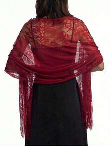 1件镂空蕾丝流苏围巾/披肩/沙滩巾 - 酒紅色 - 查看 3