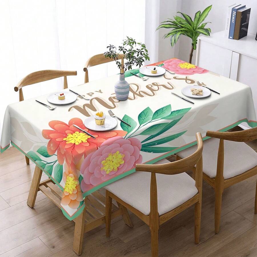 1pc Mother's Day Themed Printed Tablecloth - 100% Polyester, Rectangular, Woven, Suitable For Home Kitchen Dining Room, Parties, Picnics, Dates, Weddings, Theme Parties, Indoor/Outdoor Use, Mother's Day Gift - Multicolor - View 1