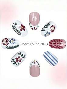 24 Pieces Oval-Shaped Pressing Nails, Summer French Stripes, Red And Green Floral Pattern Design. Perfect For Spring And Summer Seasons. Artistic Nail Accessories, Nail Decoration. Fully Covered Detachable Fake Nails. Suitable For Women's Dates, Parties, Work, Outings, Daily Use, Etc. ! - Nhiều màu - Xem 3