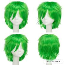 活力绿色短款凌乱直发动漫角色扮演假发，带刘海，男女皆宜，朋克摇滚风格，蓬松层次剪裁，耐热合成纤维，带刘海，多功能角色扮演假发，适合节日、圣帕特里克节、派对、音乐节和舞台表演——均码，易于佩戴和造型——适合大多数人 - 綠色 - 查看 8