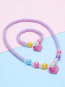 2pcs/Set Kids Heart Pendant Necklace & Beaded Bracelet Jewelry Set, Sweet Princess Style, Suitable For Girls Daily Wear, Birthday Party, Holiday Gift - one-size - View 3