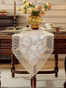 Camino de mesa de jacquard liso 100% poliéster estilo vintage francés de granja con ribete de encaje floral de volutas huecas en forma de abanico, bufanda de mesa con borlas para mesa de desayuno nupcial, decoración rústica de cocina de cabaña - Caqui - Ver 15