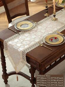 Camino de mesa de jacquard liso 100% poliéster estilo vintage francés de granja con ribete de encaje floral de volutas huecas en forma de abanico, bufanda de mesa con borlas para mesa de desayuno nupcial, decoración rústica de cocina de cabaña - Caqui - Ver 16