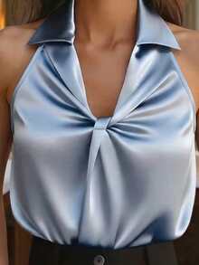 Women's Solid Color Pleated Casual Versatile Commuting Shirt Summer - Blue - View 4
